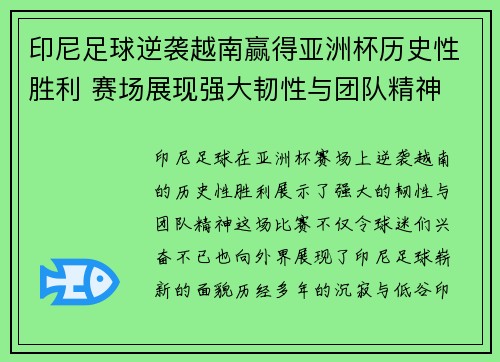 印尼足球逆袭越南赢得亚洲杯历史性胜利 赛场展现强大韧性与团队精神 印尼足球逆袭越南赢得亚洲杯历史性胜利 赛场展现强大韧性与团队精神
